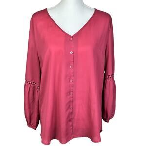 Fortune + Ivy Top Women Large Magenta Pink Sheer Eyelets Puffy Sleeve Boho Tunic